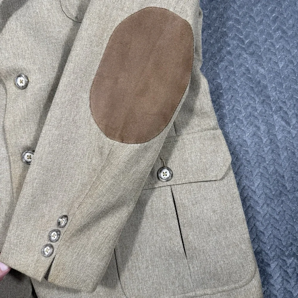 Vintage Men's Safari Field Jacket Blazer 44 Tan Elbow Patch Poly‎ Blend Ejoven